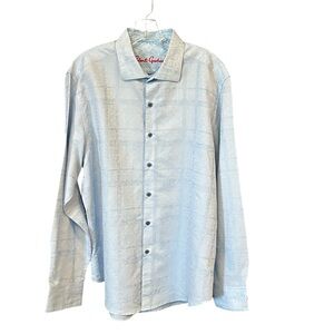 Robert Graham dress shirt men XL light blue linen blend windowpane office